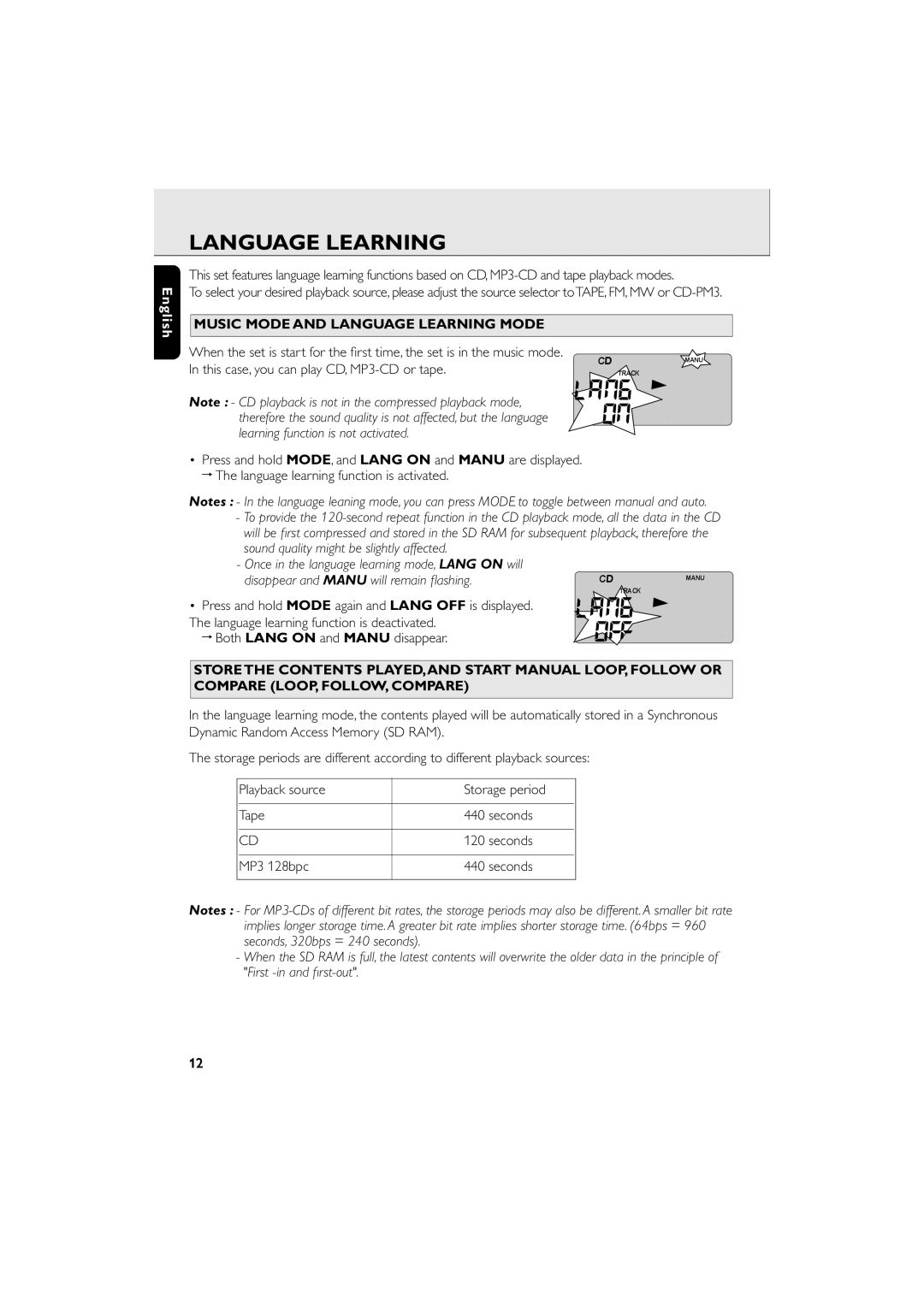 Philips AZ 6188 manual English, Music Mode And Language Learning Mode 