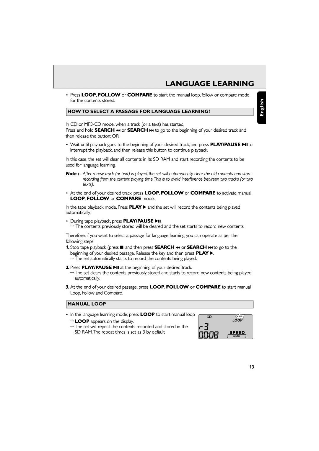 Philips AZ 6188 manual How To Select A Passage For Language Learning?, Manual Loop, English 