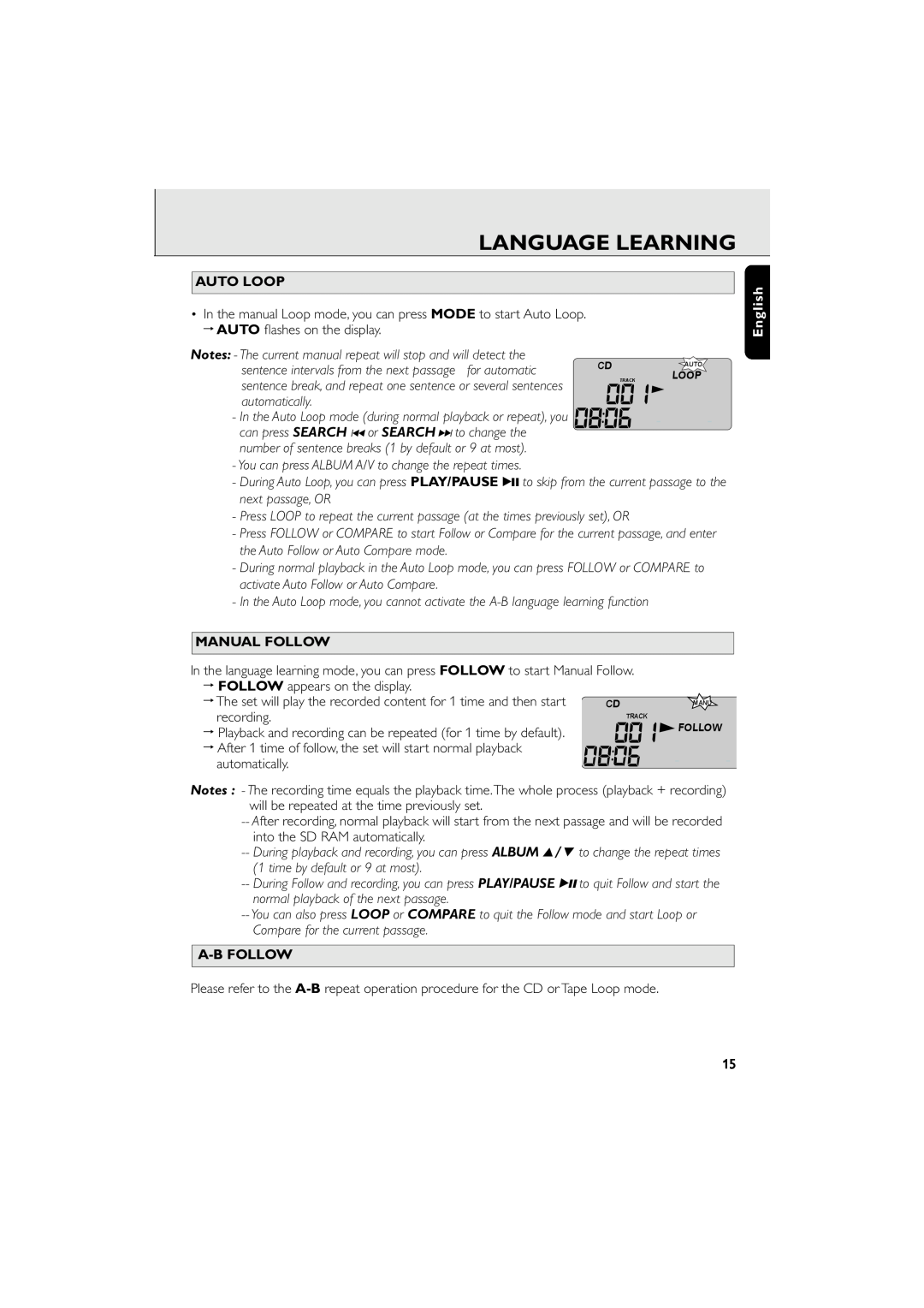 Philips AZ 6188 manual Language Learning, Auto Loop, Manual Follow, A-Bfollow, English 