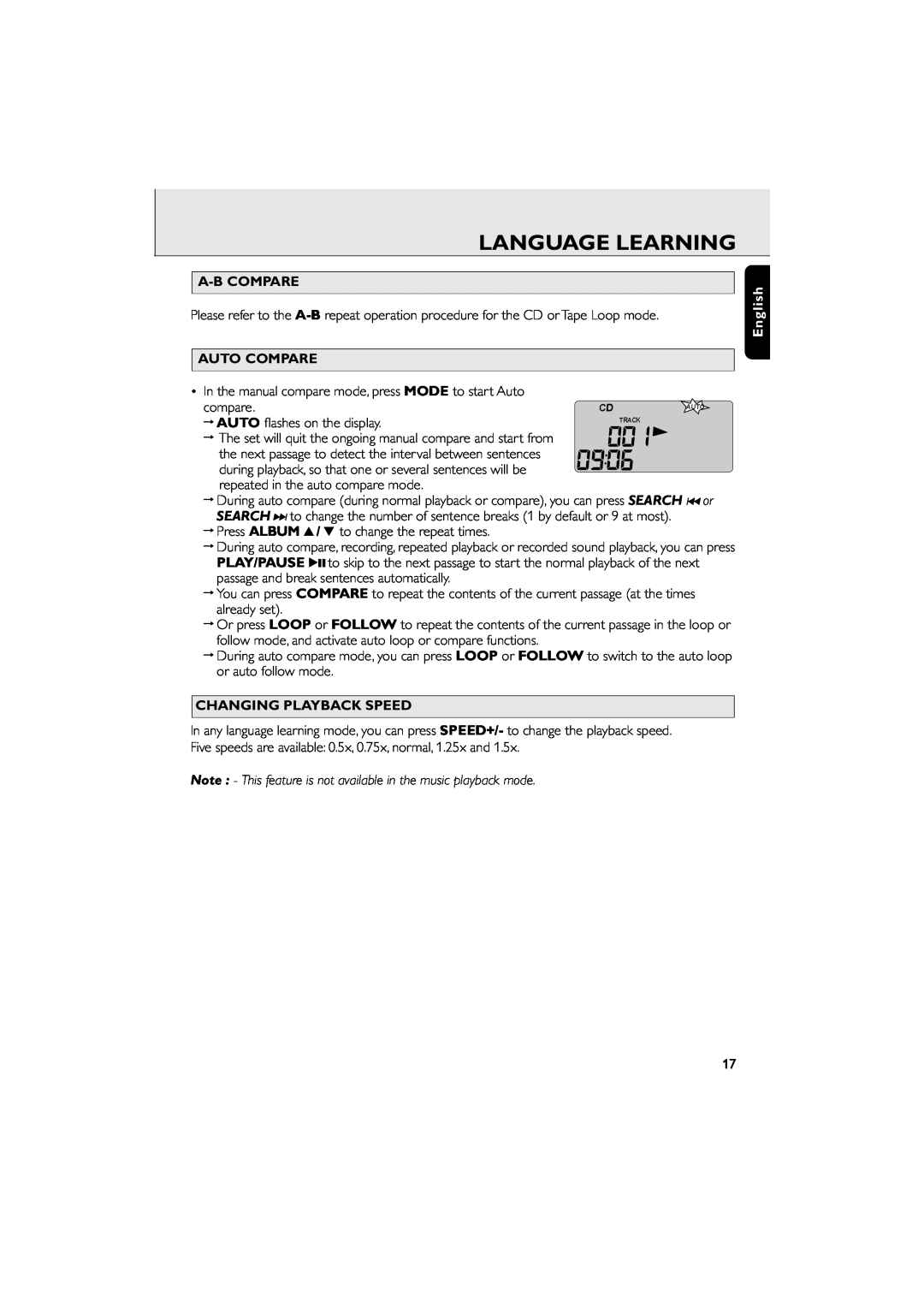 Philips AZ 6188 manual Language Learning, A-Bcompare, Auto Compare, Changing Playback Speed, English 