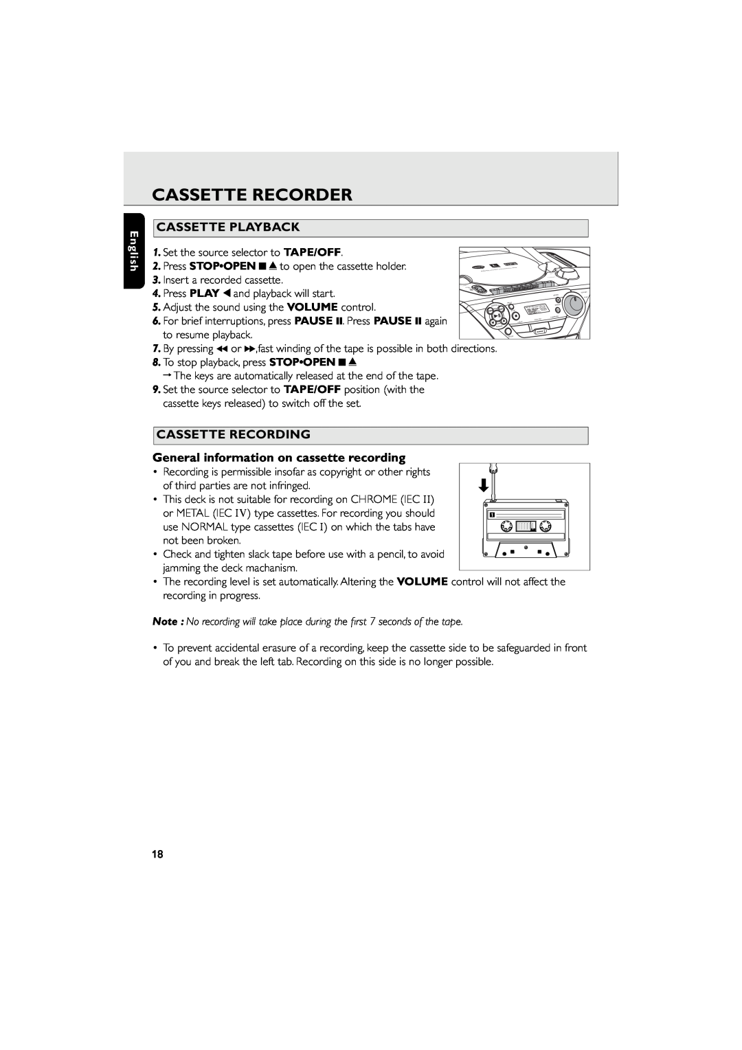 Philips AZ 6188 manual Cassette Recorder, Cassette Playback, Cassette Recording, General information on cassette recording 
