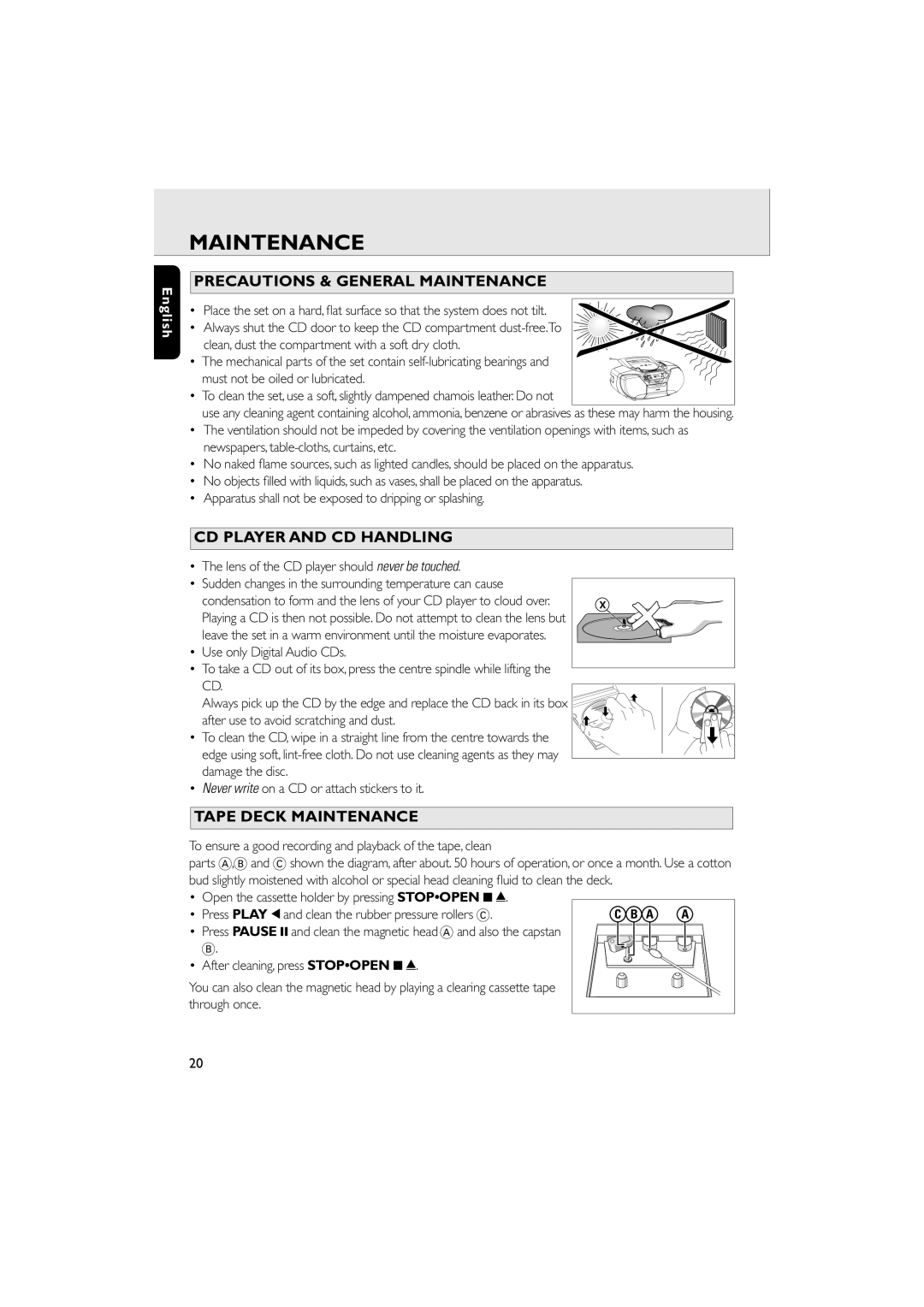 Philips AZ 6188 manual Precautions & General Maintenance, Cd Player And Cd Handling, Tape Deck Maintenance, English 