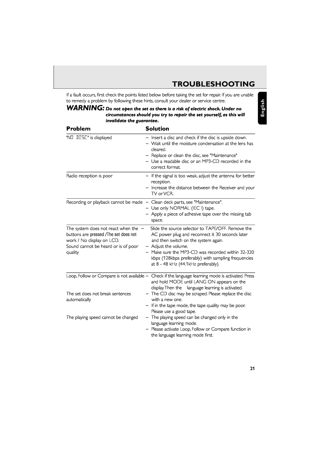 Philips AZ 6188 manual Troubleshooting, Problem, Solution, English 