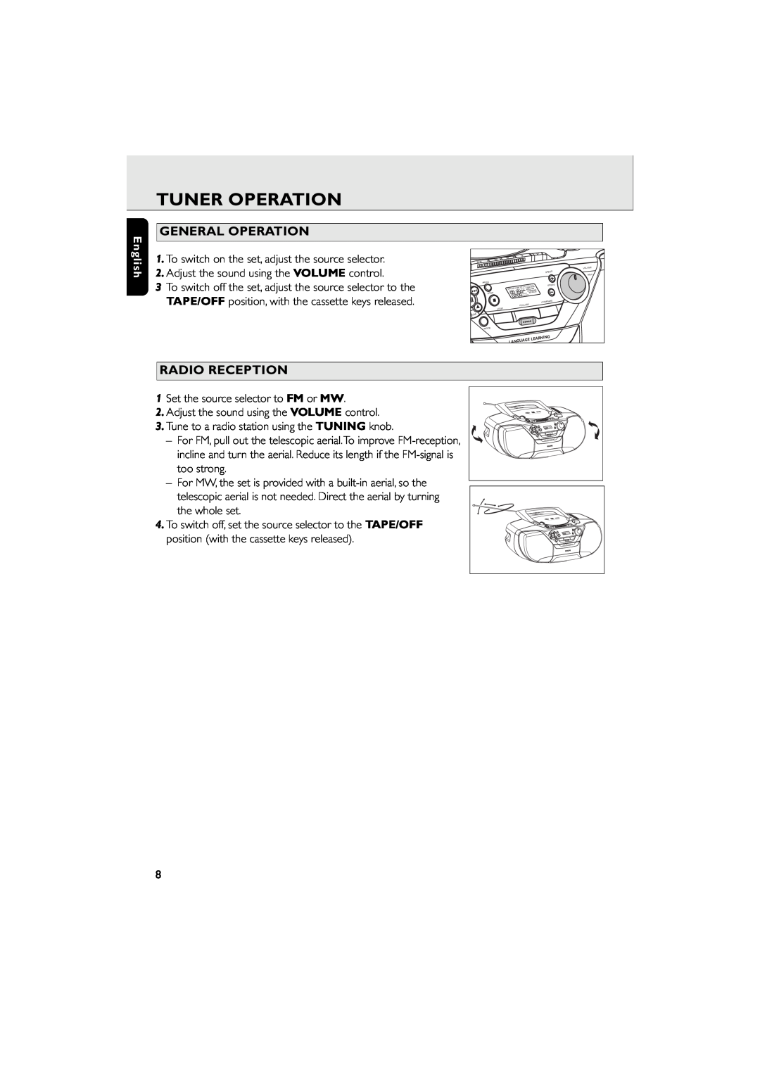 Philips AZ 6188 manual Tuner Operation, General Operation, Radio Reception, English 