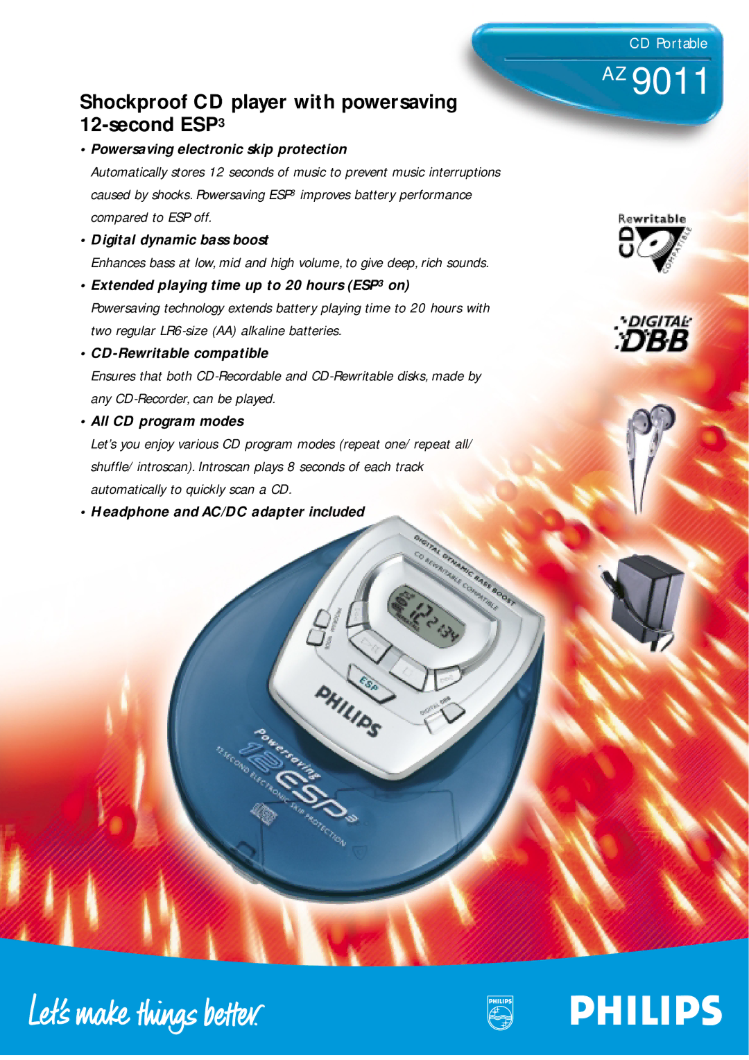 Philips AZ 9011 manual Powersaving electronic skip protection, Digital dynamic bass boost, CD-Rewritable compatible 