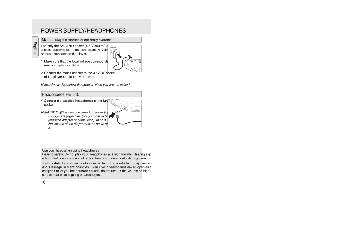 Philips AZ 9235 manual Power SUPPLY/HEADPHONES, Headphones HE, Mains adapter supplied or optionally available 