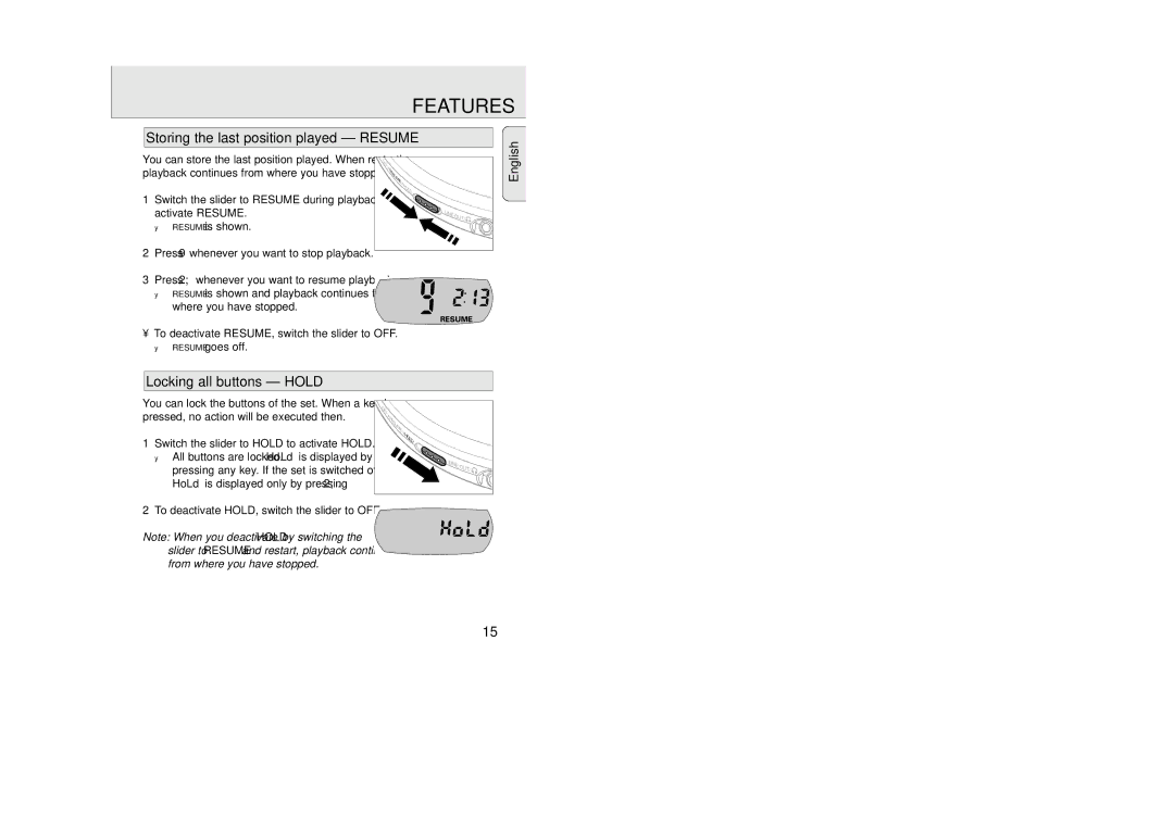 Philips AZ 9235 manual Storing the last position played Resume, Locking all buttons Hold 