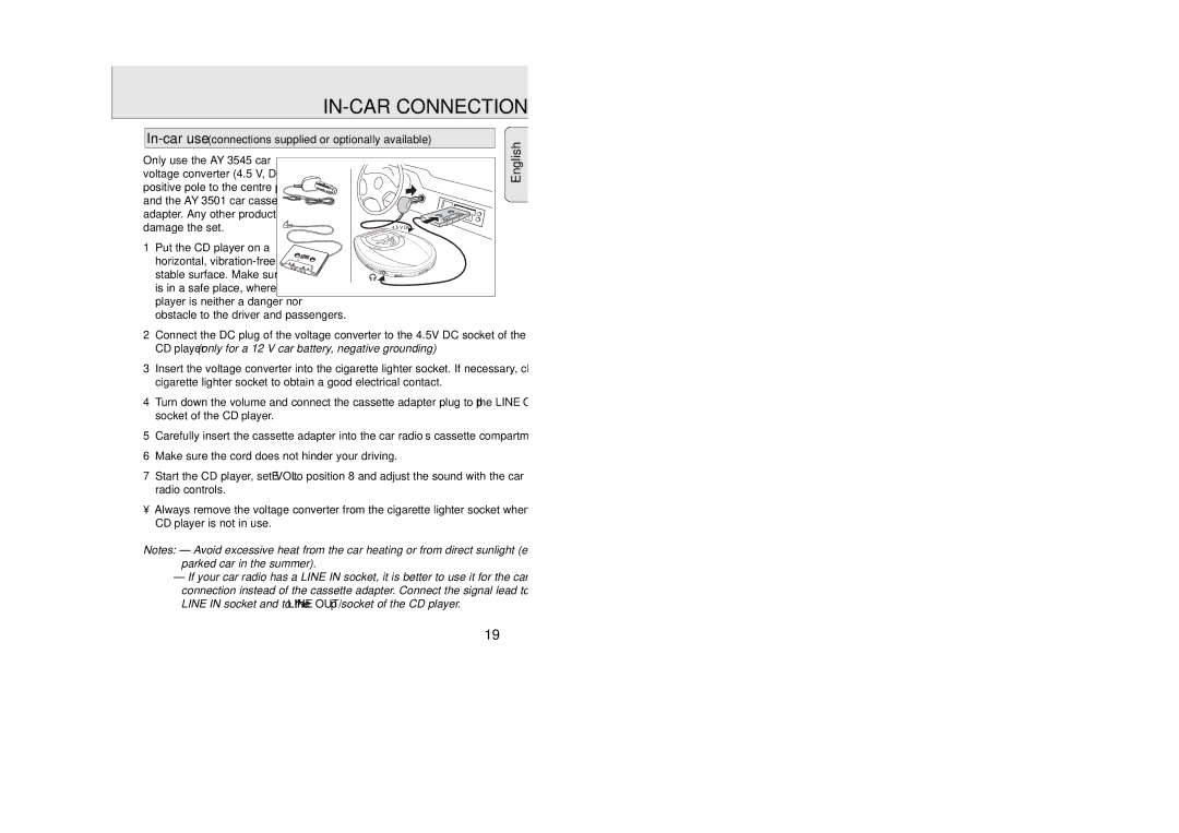 Philips AZ 9235 manual IN-CAR Connection, In-car use connections supplied or optionally available, Put the CD player on a 