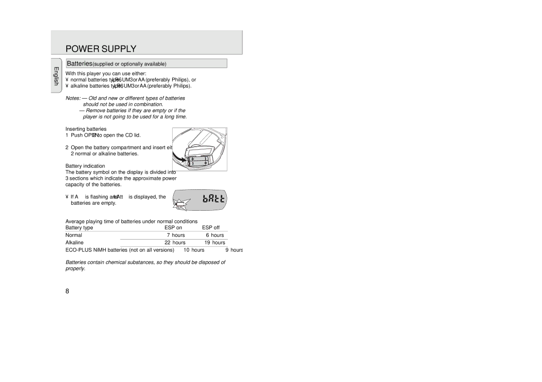 Philips AZ 9235 manual Power Supply, Batteries supplied or optionally available, Inserting batteries, Battery indication 