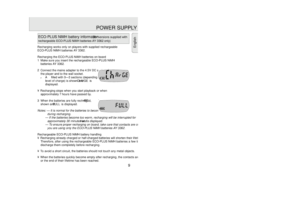 Philips AZ 9235 manual Rechargeable ECO-PLUS NiMH batteries AY 3362 only, Recharging the ECO-PLUS NiMH batteries on board 