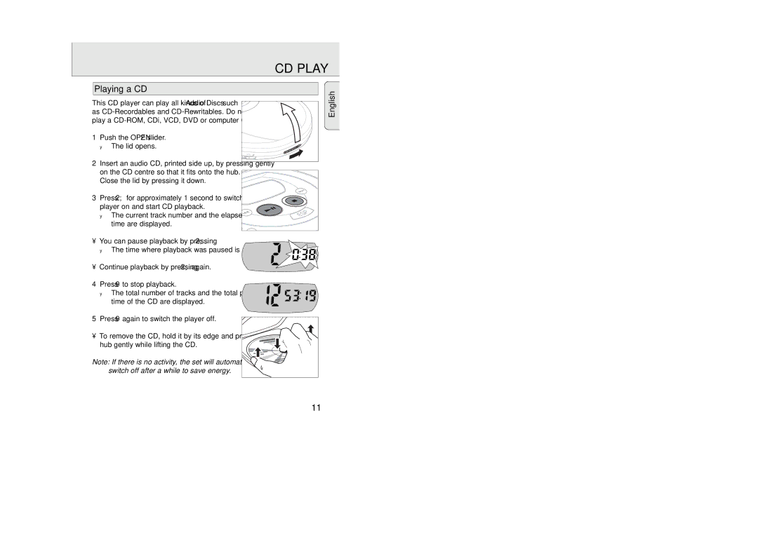 Philips AZ 9235 manual CD Play, Playing a CD, Push the Open 2 slider Lid opens, Player on and start CD playback 