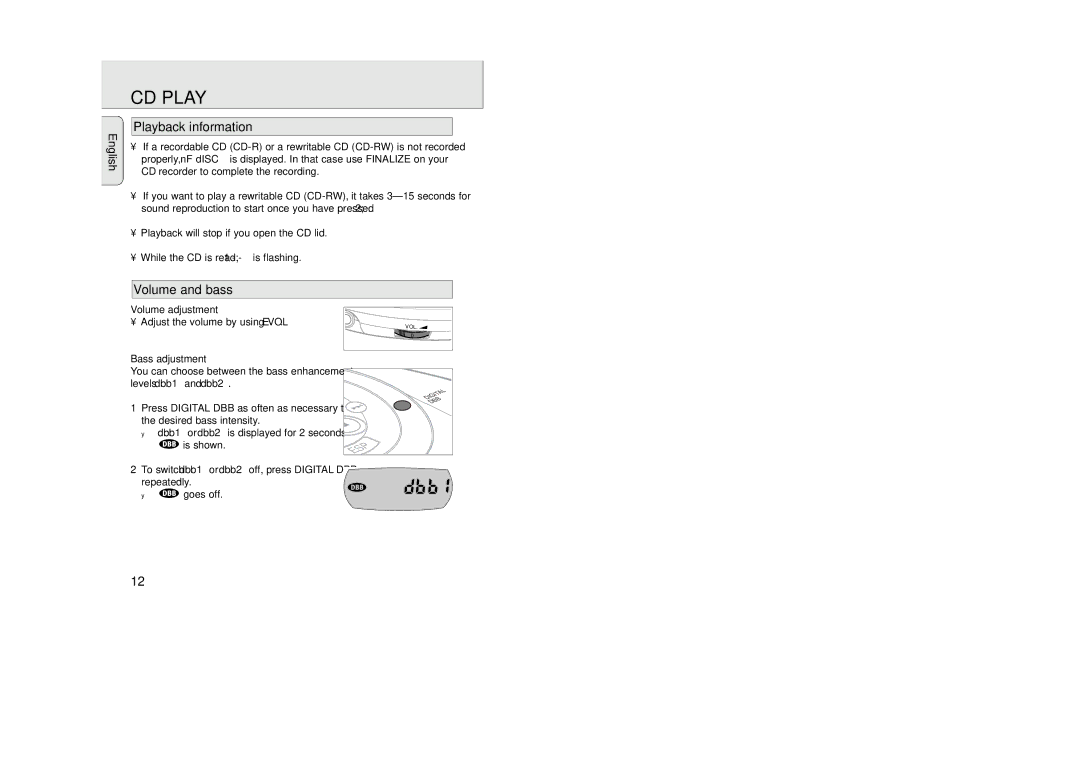 Philips AZ 9235 manual Playback information, Volume and bass, CD recorder to complete the recording, Volume adjustment 