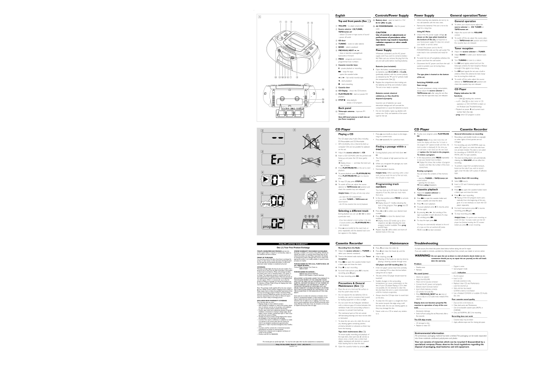 Philips AZ1004/17 Top and front panels See, Back panel, Power Supply, General operation, Tuner reception, CD Player 