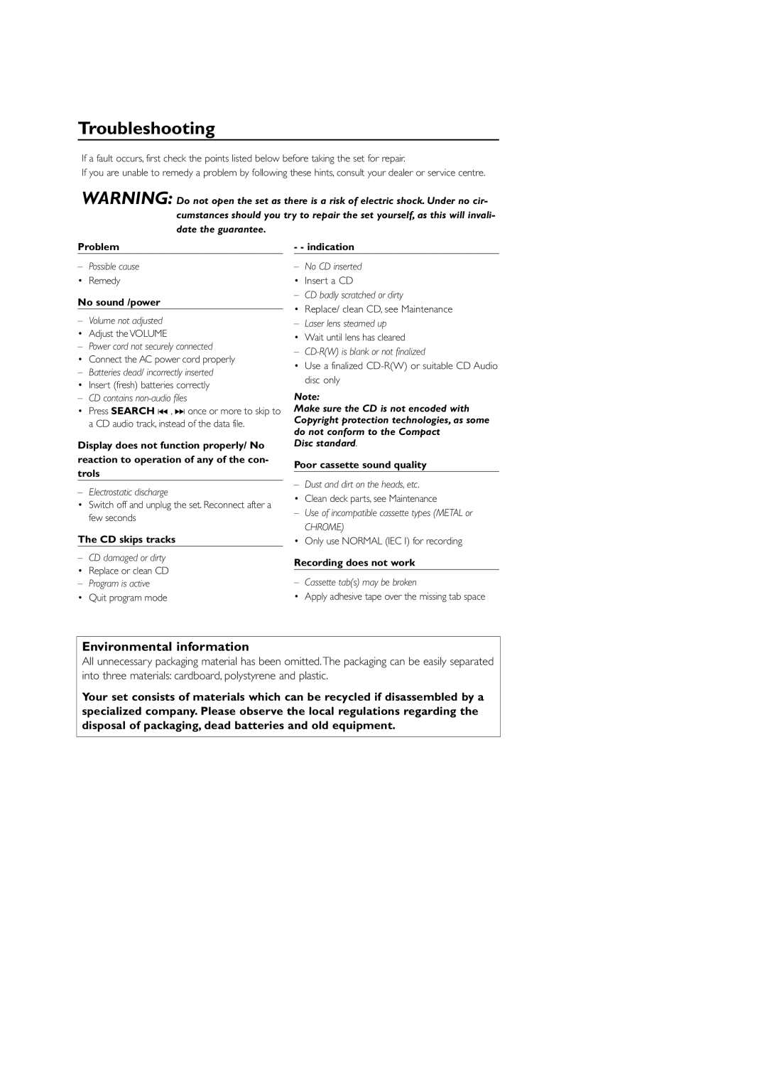 Philips AZ1006CD user manual Troubleshooting, Disc standard 