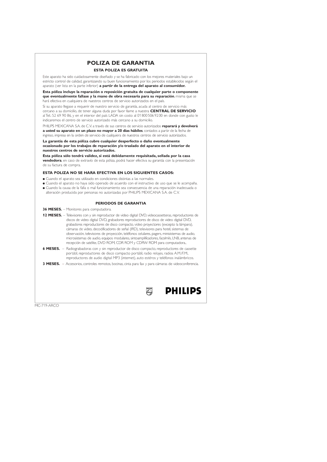 Philips AZ1006CD user manual Poliza DE Garantia 