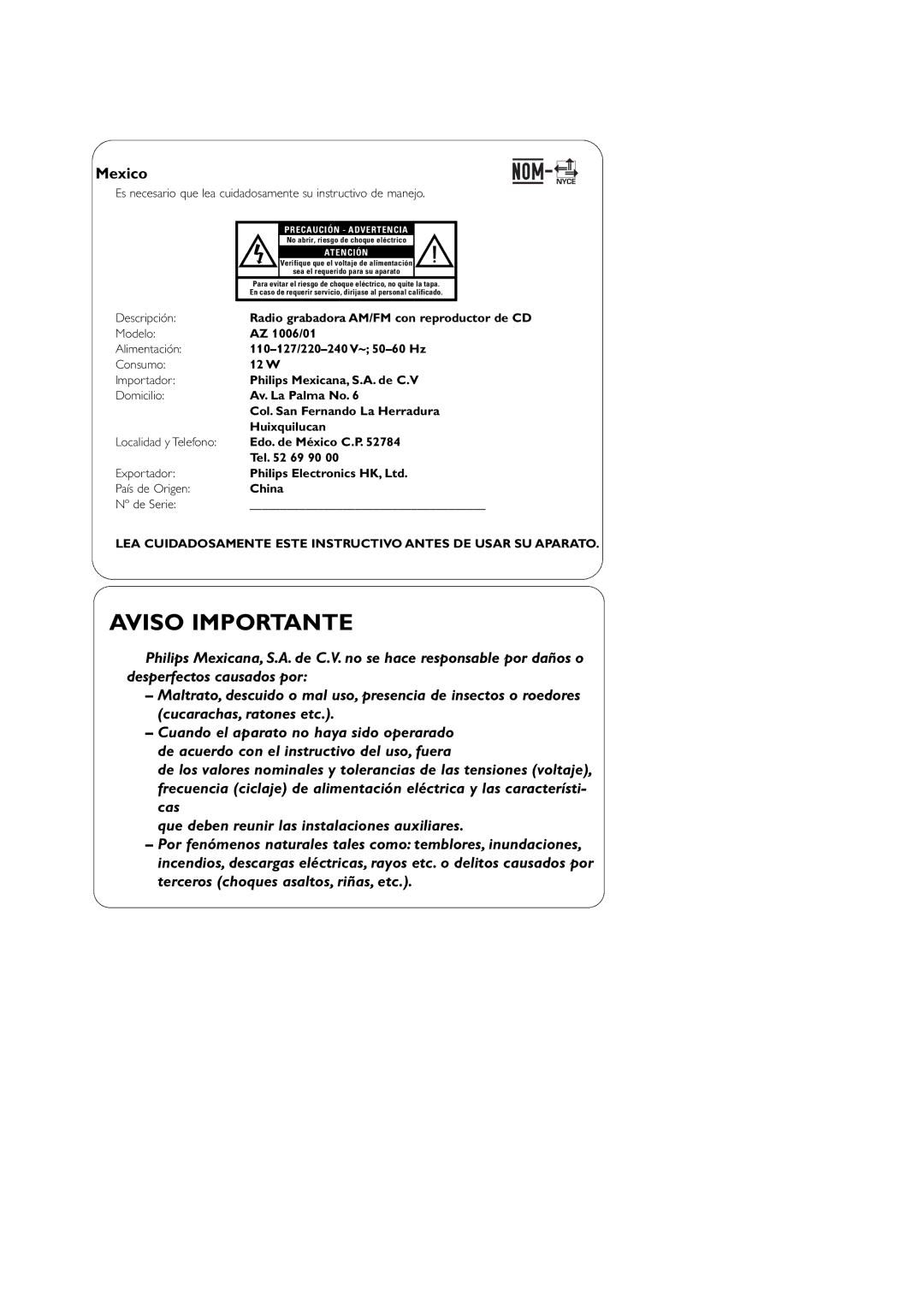 Philips AZ1006CD user manual Es necesario que lea cuidadosamente su instructivo de manejo, Descripción 