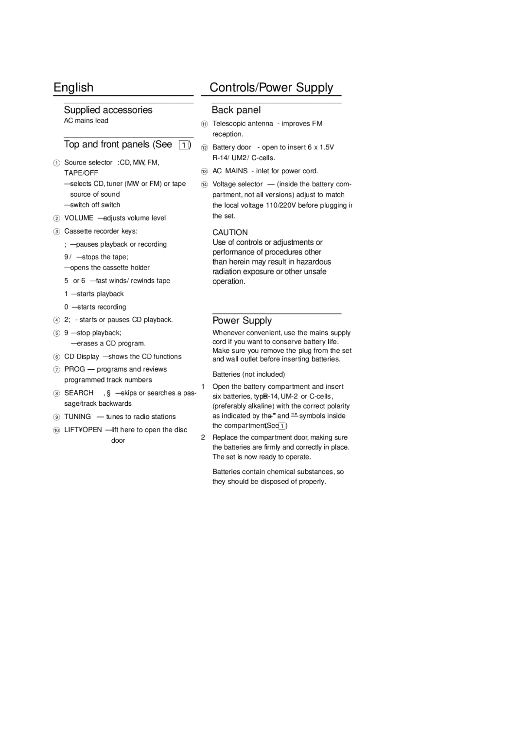 Philips AZ1006CD user manual Controls/Power Supply, Supplied accessories, Top and front panels See, Back panel 