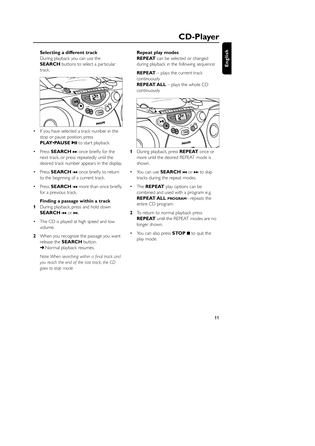 Philips AZ1008 manual Selecting a different track, Repeat play modes Repeat can be selected or changed 