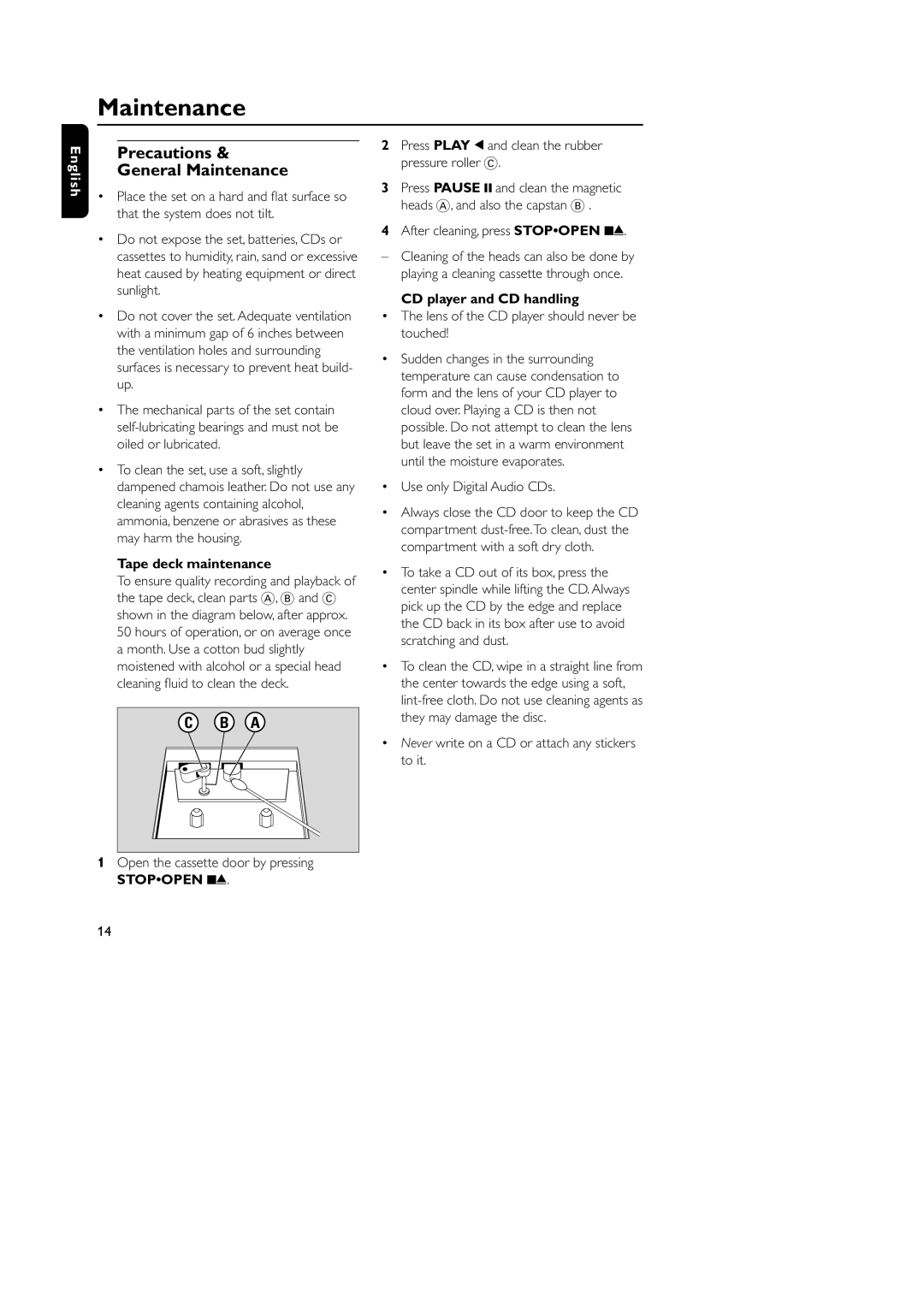 Philips AZ1008 manual Precautions General Maintenance, Tape deck maintenance, CD player and CD handling 