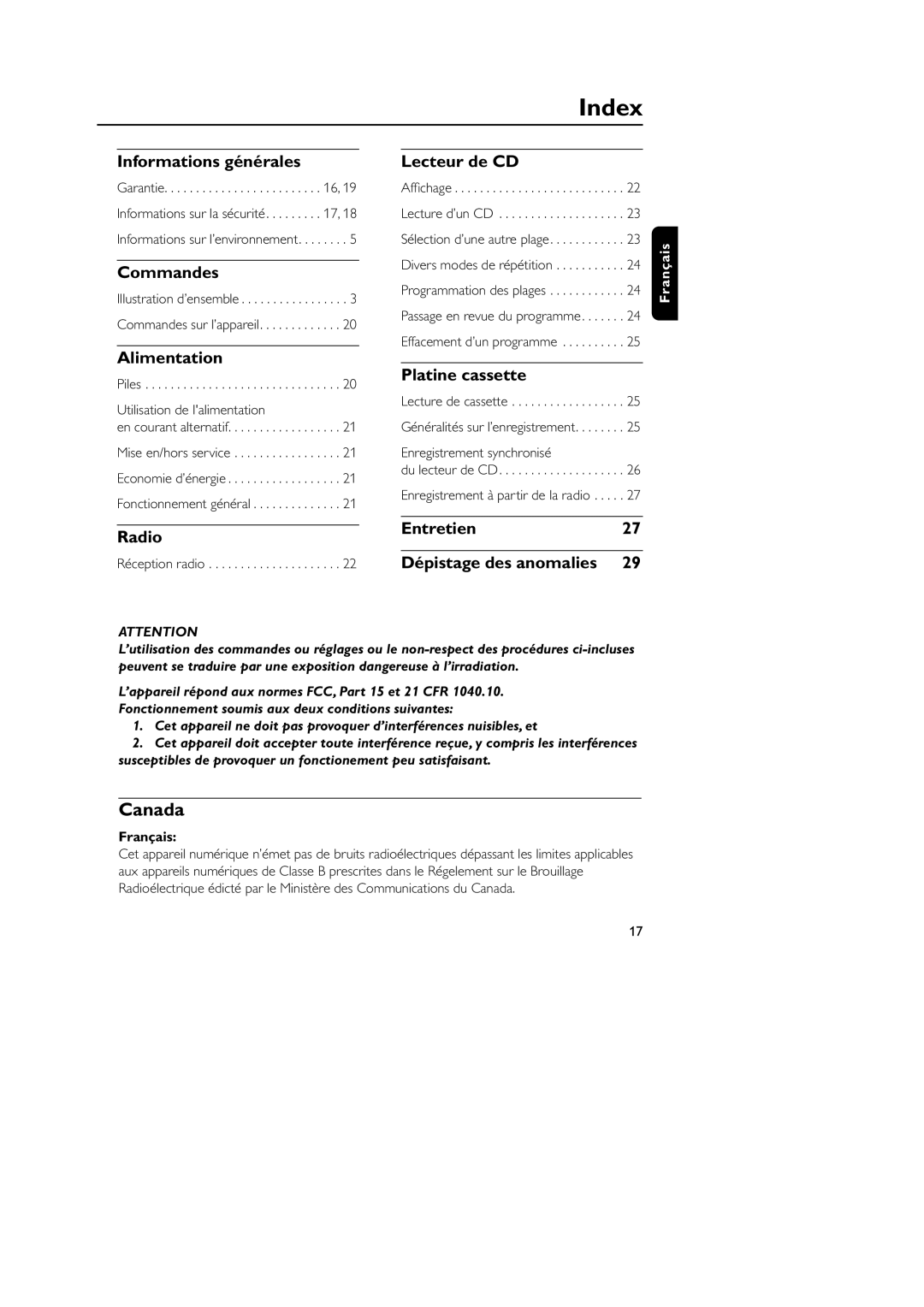 Philips AZ1008 manual Informations générales, Commandes, Alimentation, Lecteur de CD, Platine cassette 