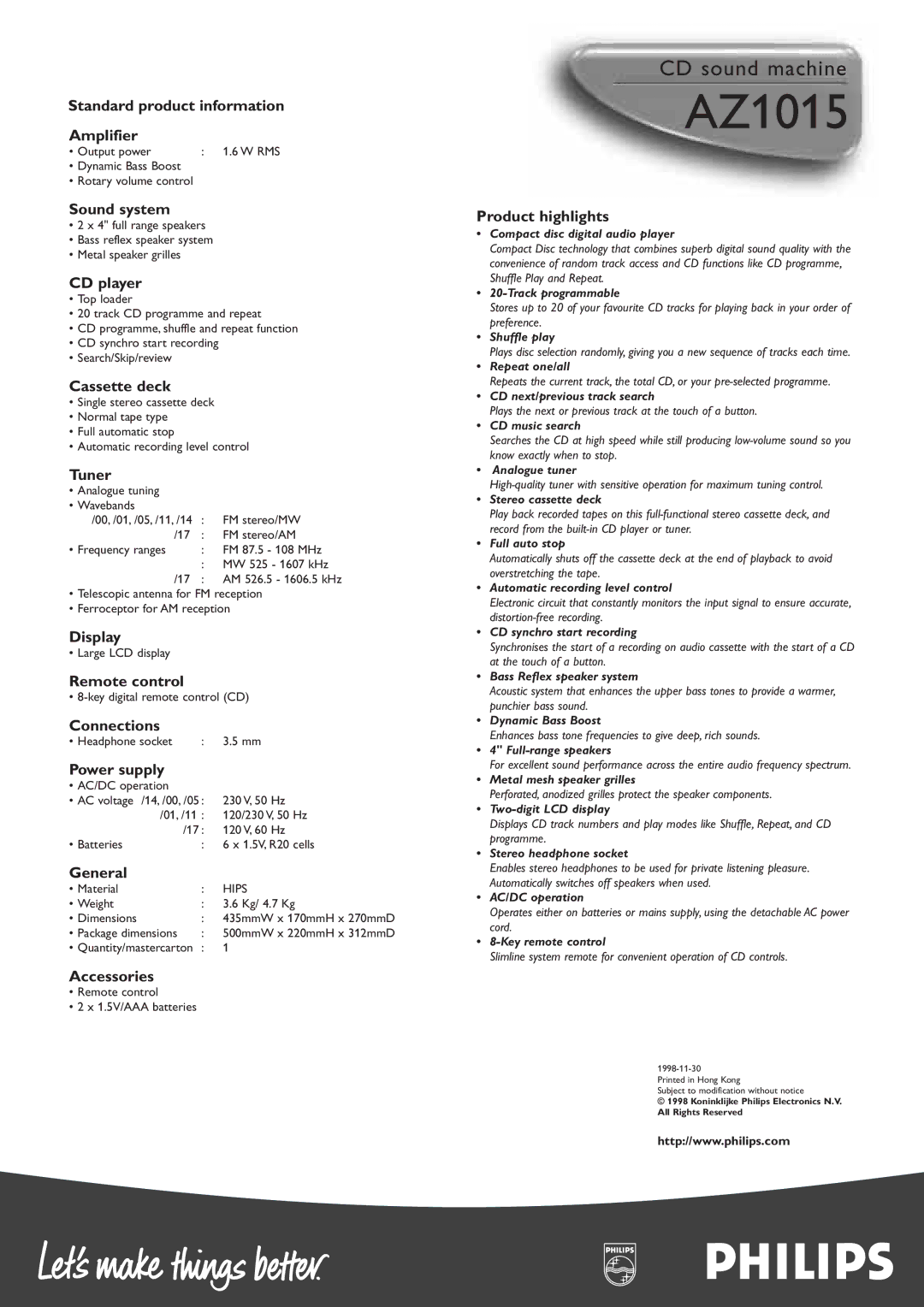 Philips AZ1015 Standard product information Amplifier, Sound system, CD player, Cassette deck, Tuner, Display, Connections 
