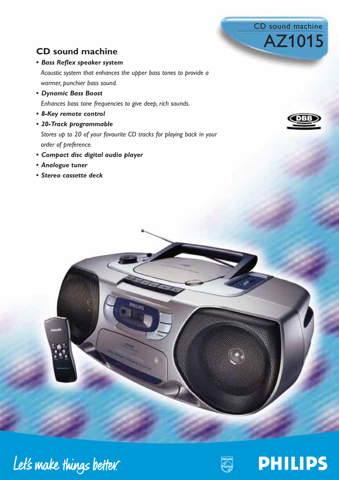 Philips AZ1015 manual CD sound machine, Bass Reflex speaker system, Dynamic Bass Boost, Compact disc digital audio player 