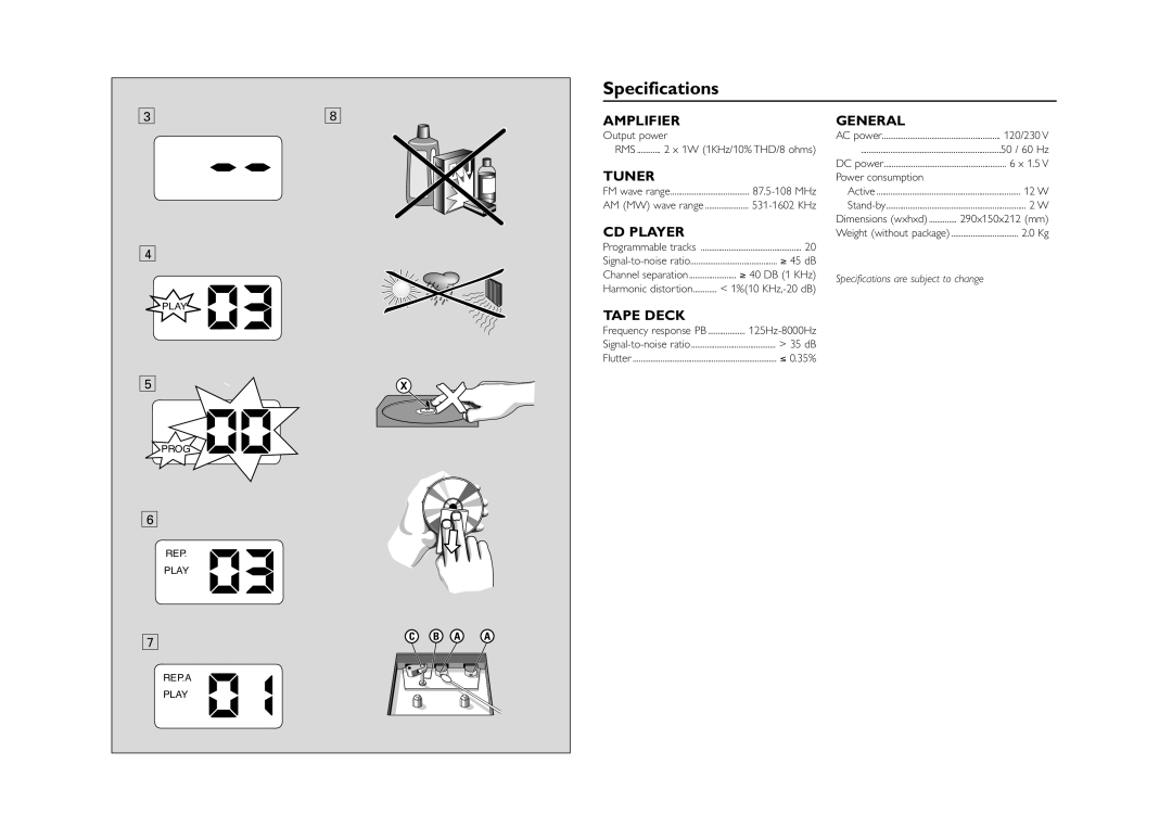 Philips AZ1016 user manual Specifications 