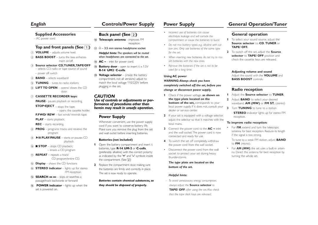 Philips AZ1016 user manual Power Supply General Operation/Tuner 