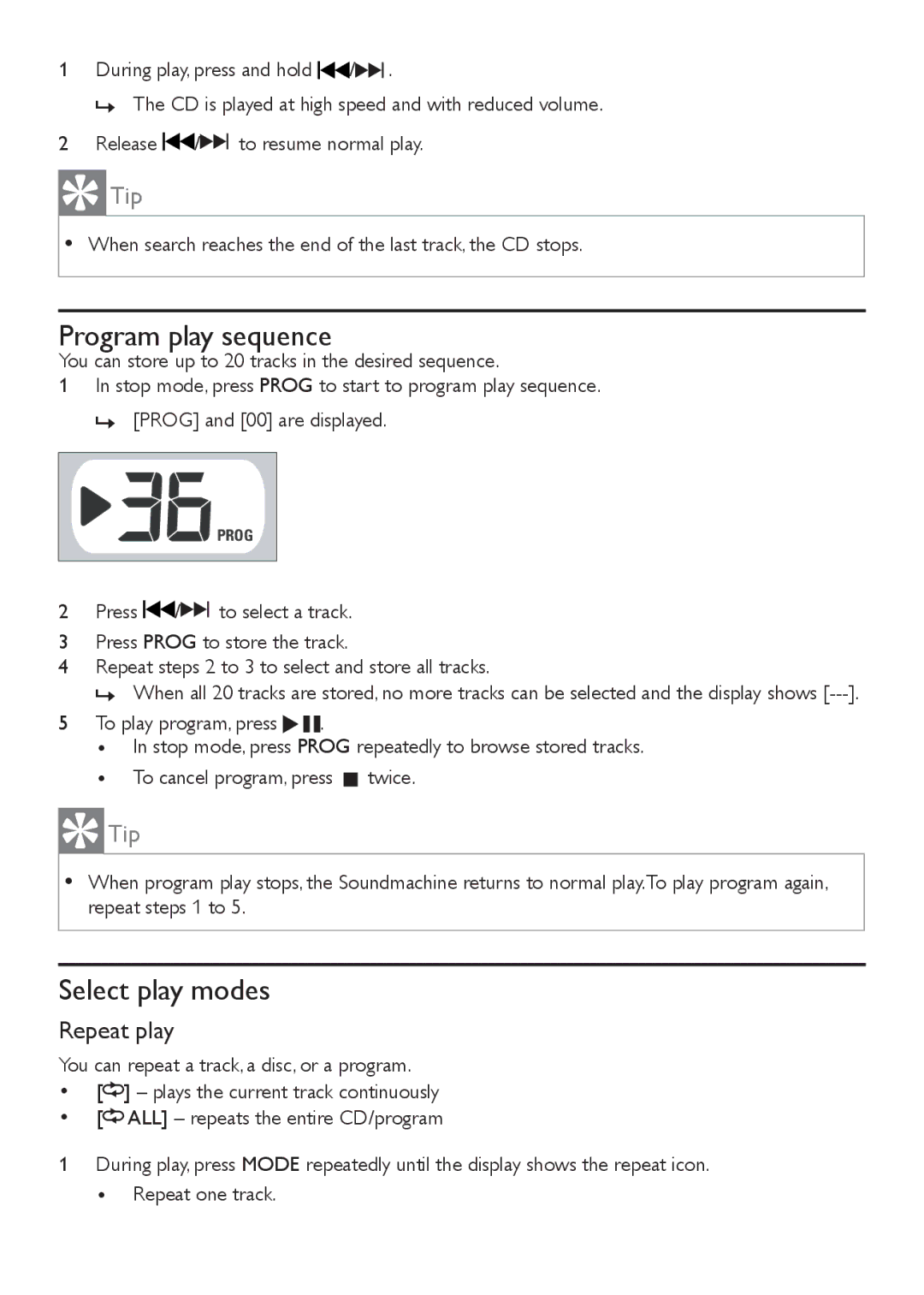 Philips AZ1027 user manual Program play sequence, Select play modes, Repeat play 