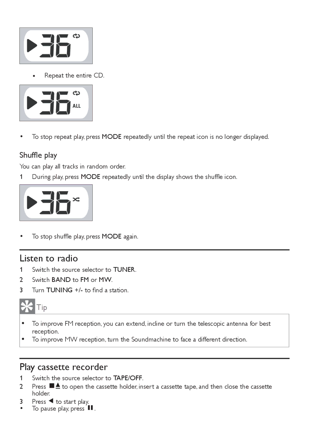 Philips AZ1027 user manual Listen to radio, Play cassette recorder, Shufﬂe play 