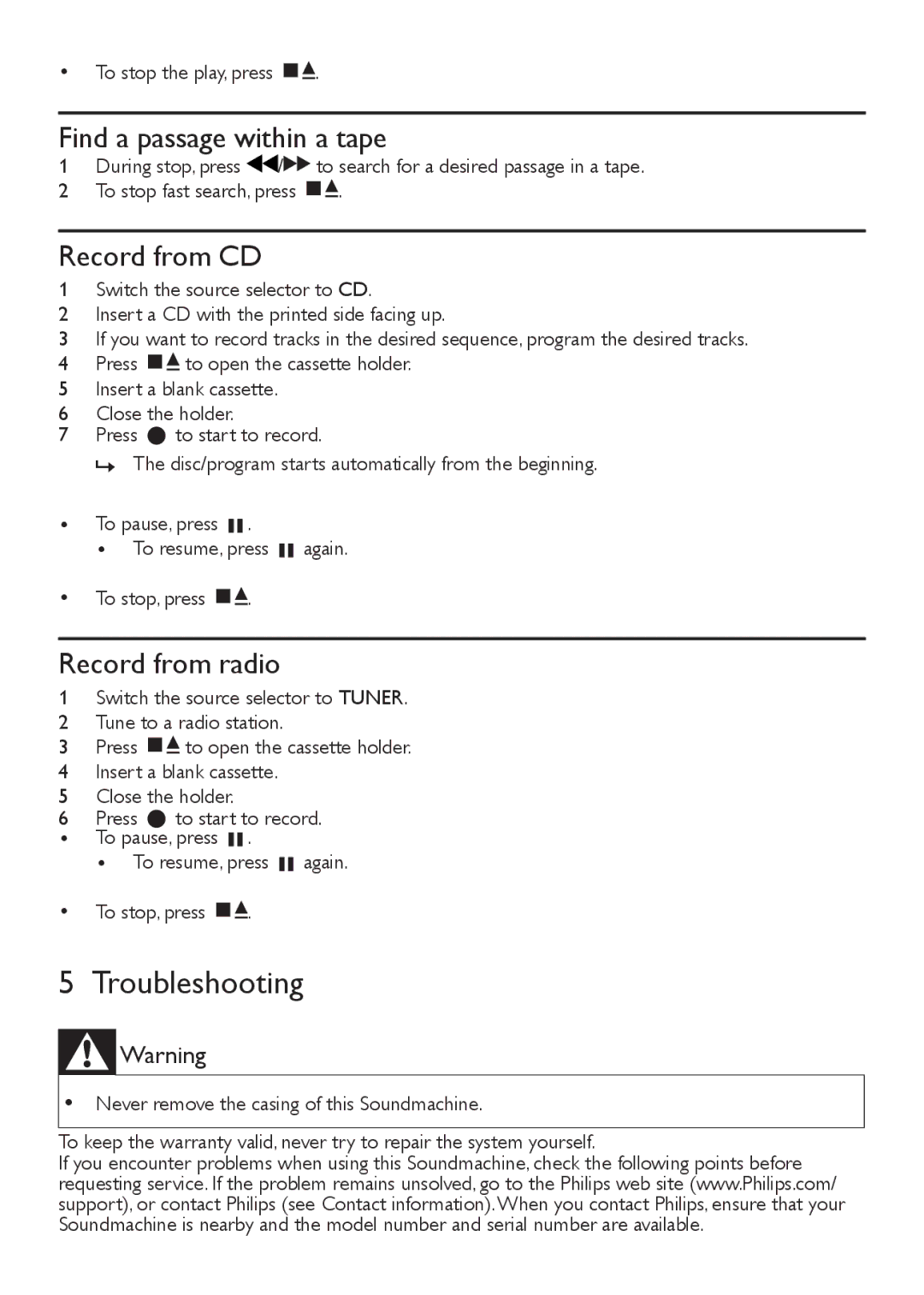 Philips AZ1027 user manual Troubleshooting, Find a passage within a tape, Record from CD, Record from radio 