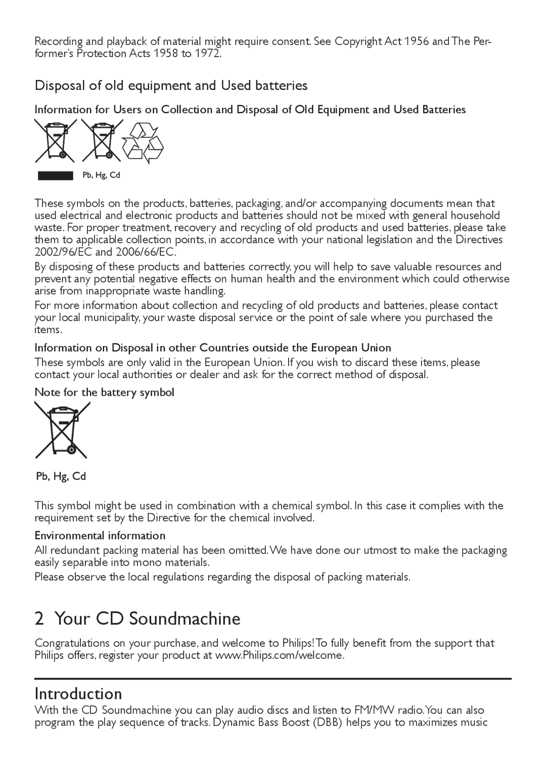 Philips AZ1027 user manual Your CD Soundmachine, Introduction, Disposal of old equipment and Used batteries 