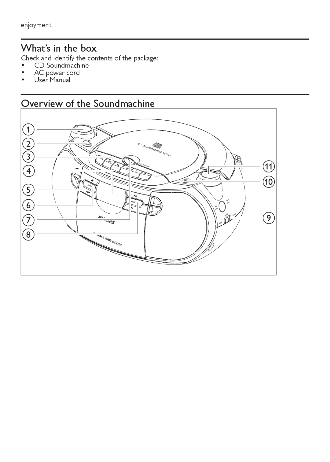 Philips AZ1027 user manual What’s in the box, Overview of the Soundmachine 