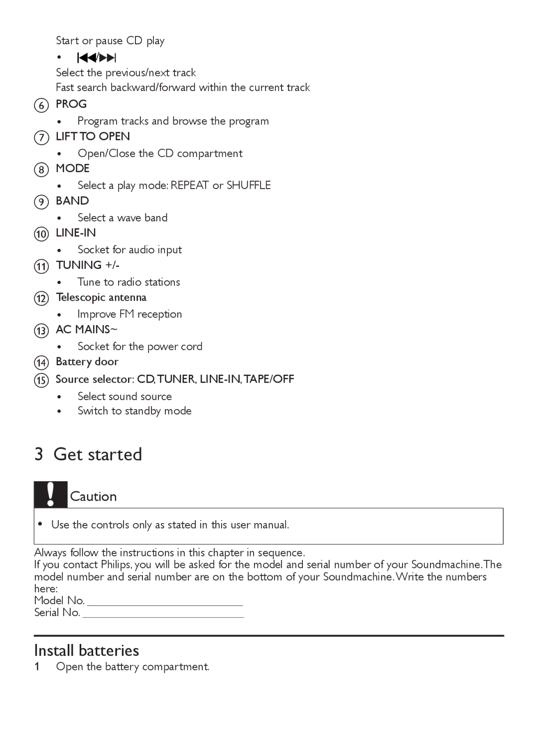 Philips AZ1027 user manual Get started, Install batteries 