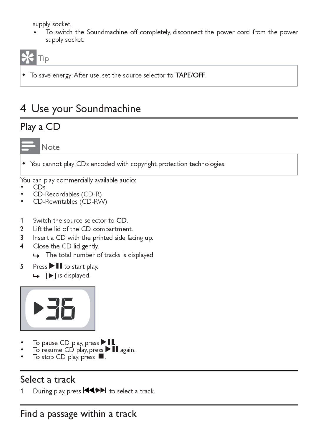 Philips AZ1027 user manual Use your Soundmachine, Play a CD, Select a track, Find a passage within a track 