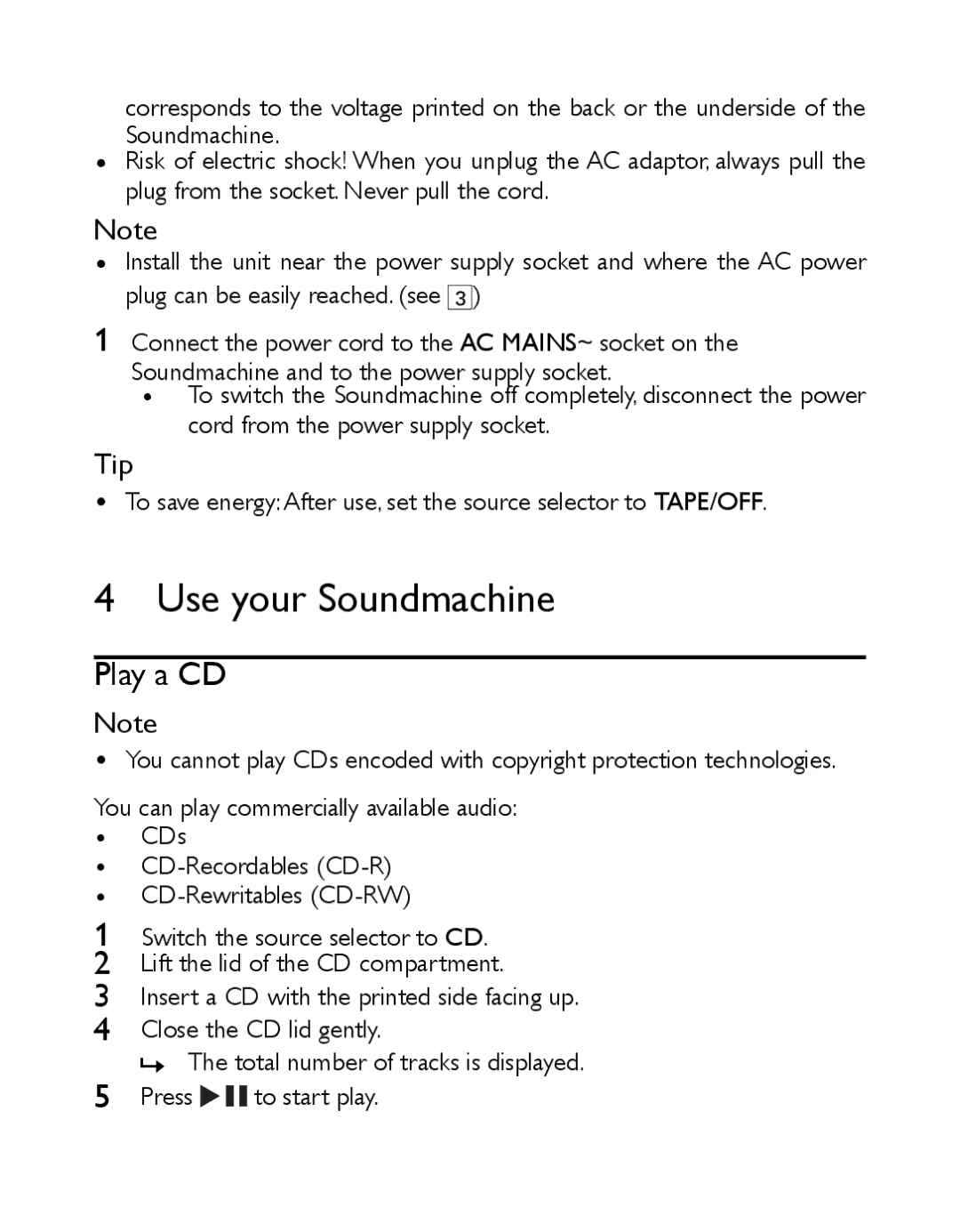 Philips AZ1027/12 user manual Use your Soundmachine, Play a CD 