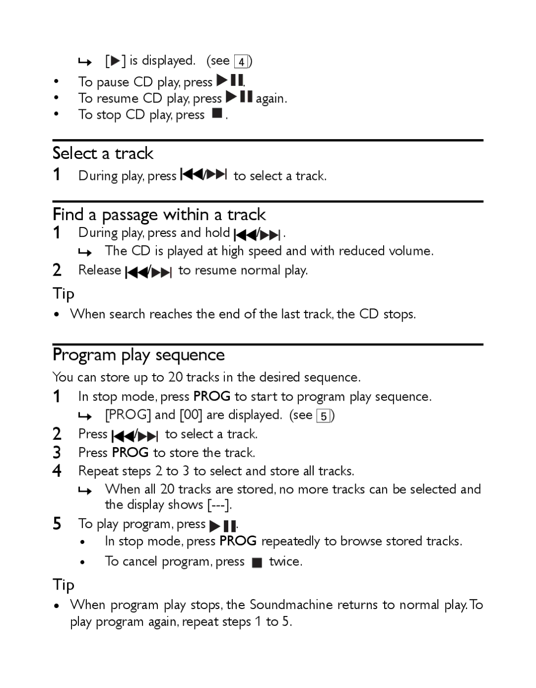 Philips AZ1027/12 user manual Select a track, Find a passage within a track, Program play sequence 