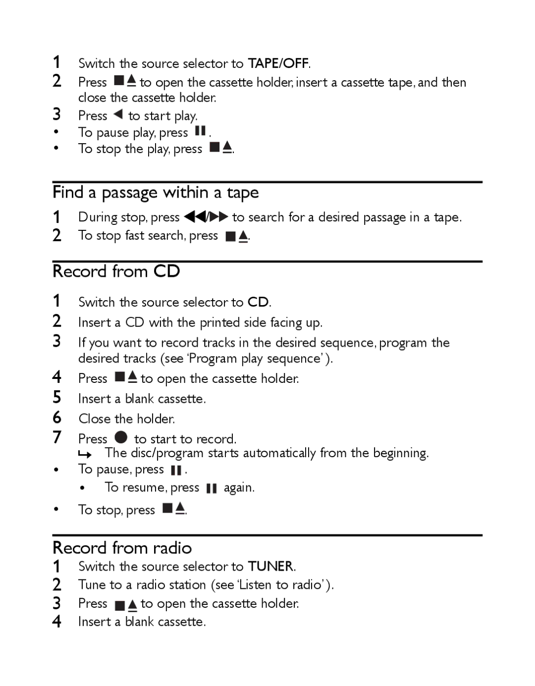 Philips AZ1027/12 user manual Find a passage within a tape, Record from CD, Record from radio 