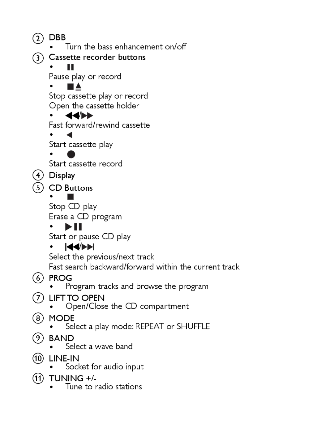 Philips AZ1027/12 user manual DBB Turn the bass enhancement on/off 