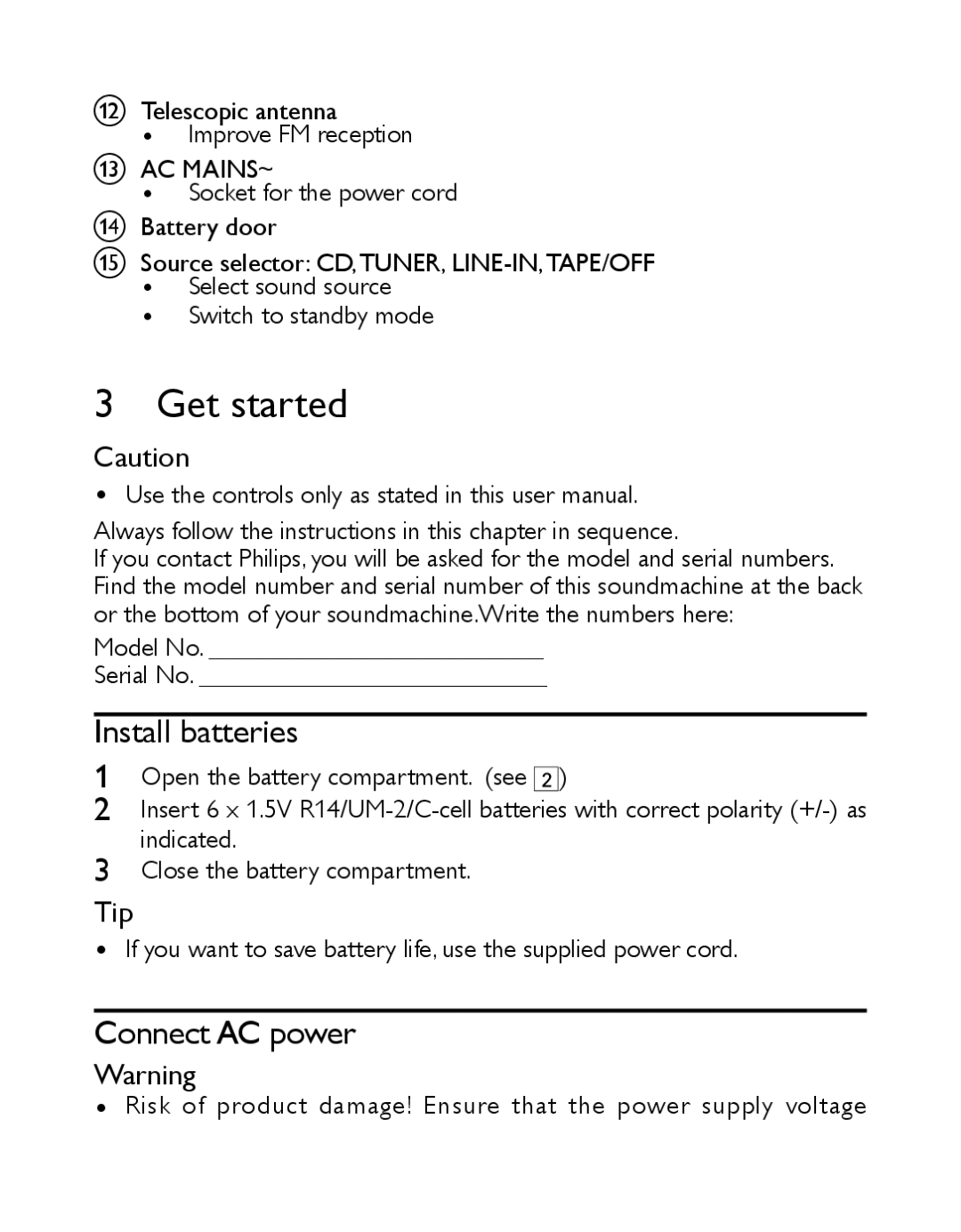 Philips AZ1027/12 user manual Get started, Install batteries, Connect AC power 