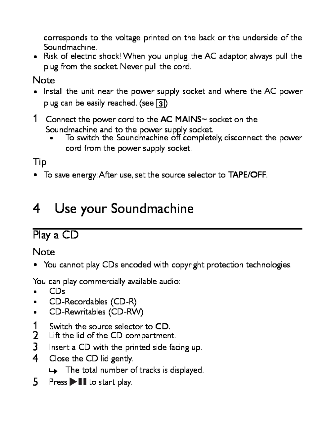 Philips AZ1027/12 user manual Use your Soundmachine, Play a CD 