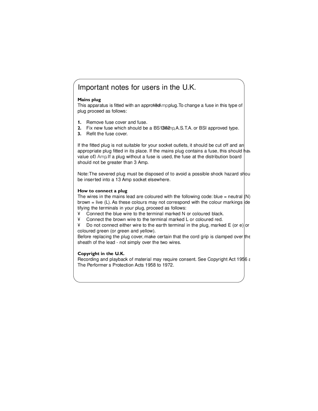 Philips AZ102F, AZ102H Important notes for users in the U.K, Mains plug, How to connect a plug, Copyright in the U.K 