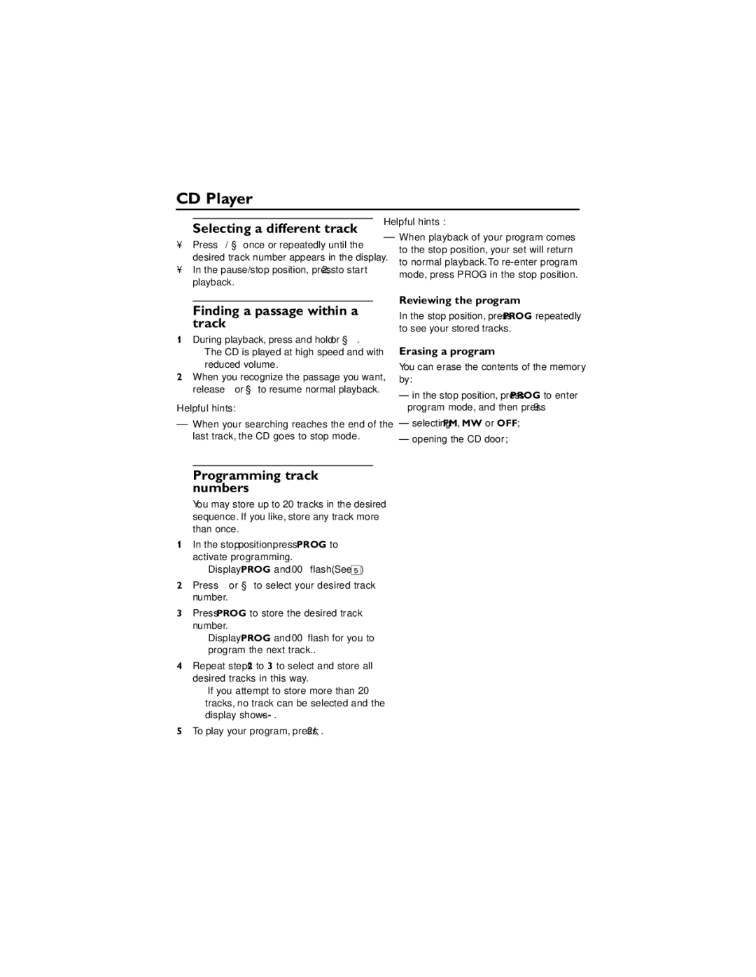 Philips AZ102H Selecting a different track, Finding a passage within a track, Programming track numbers, Erasing a program 