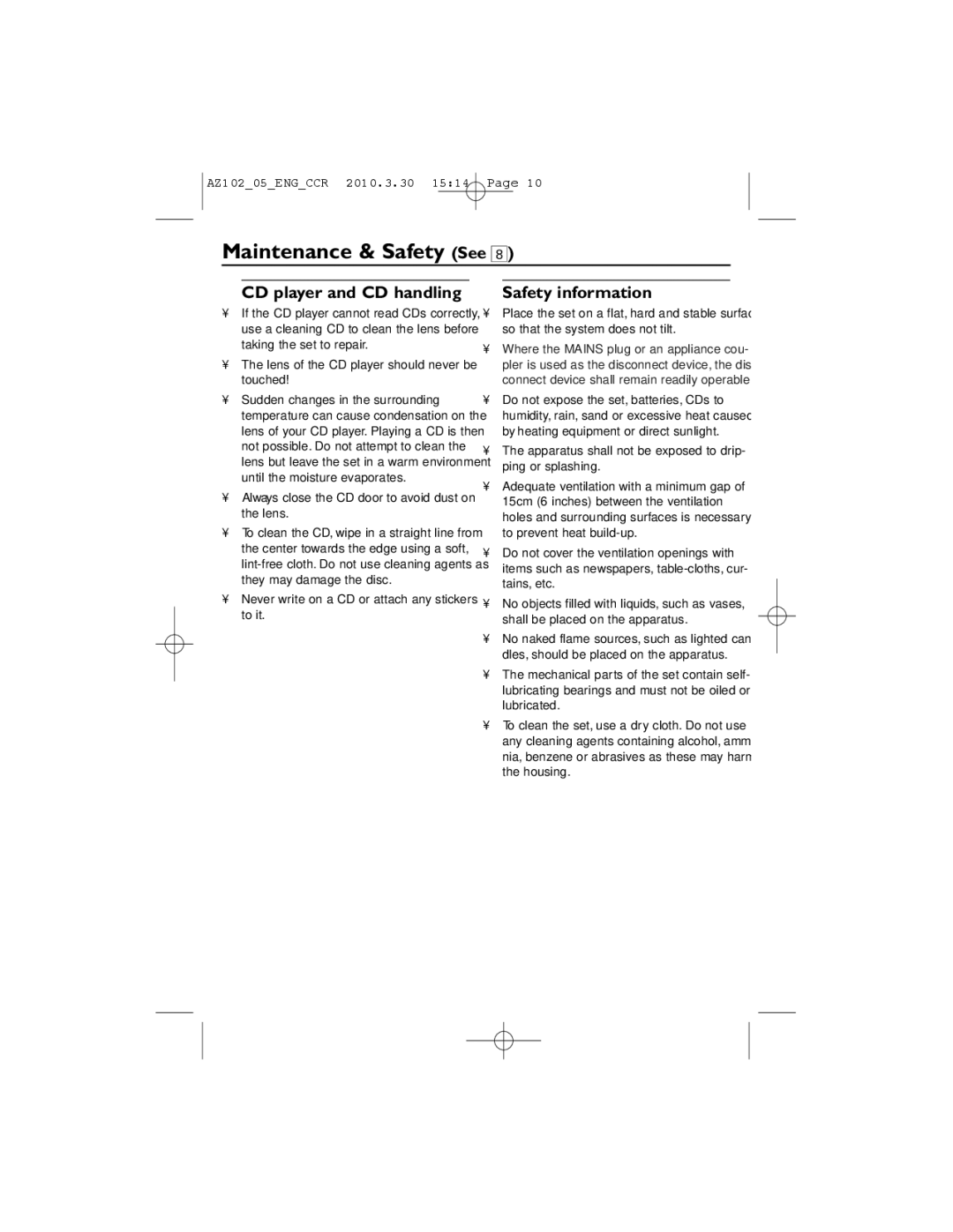 Philips AZ102C, AZ102S, AZ102N user manual Maintenance & Safety See, CD player and CD handling Safety information 