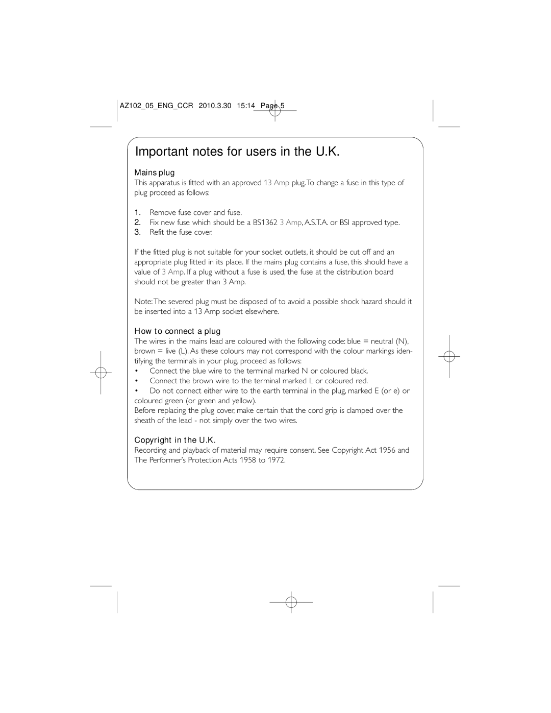 Philips AZ102N, AZ102S, AZ102C user manual Important notes for users in the U.K, Mains plug 