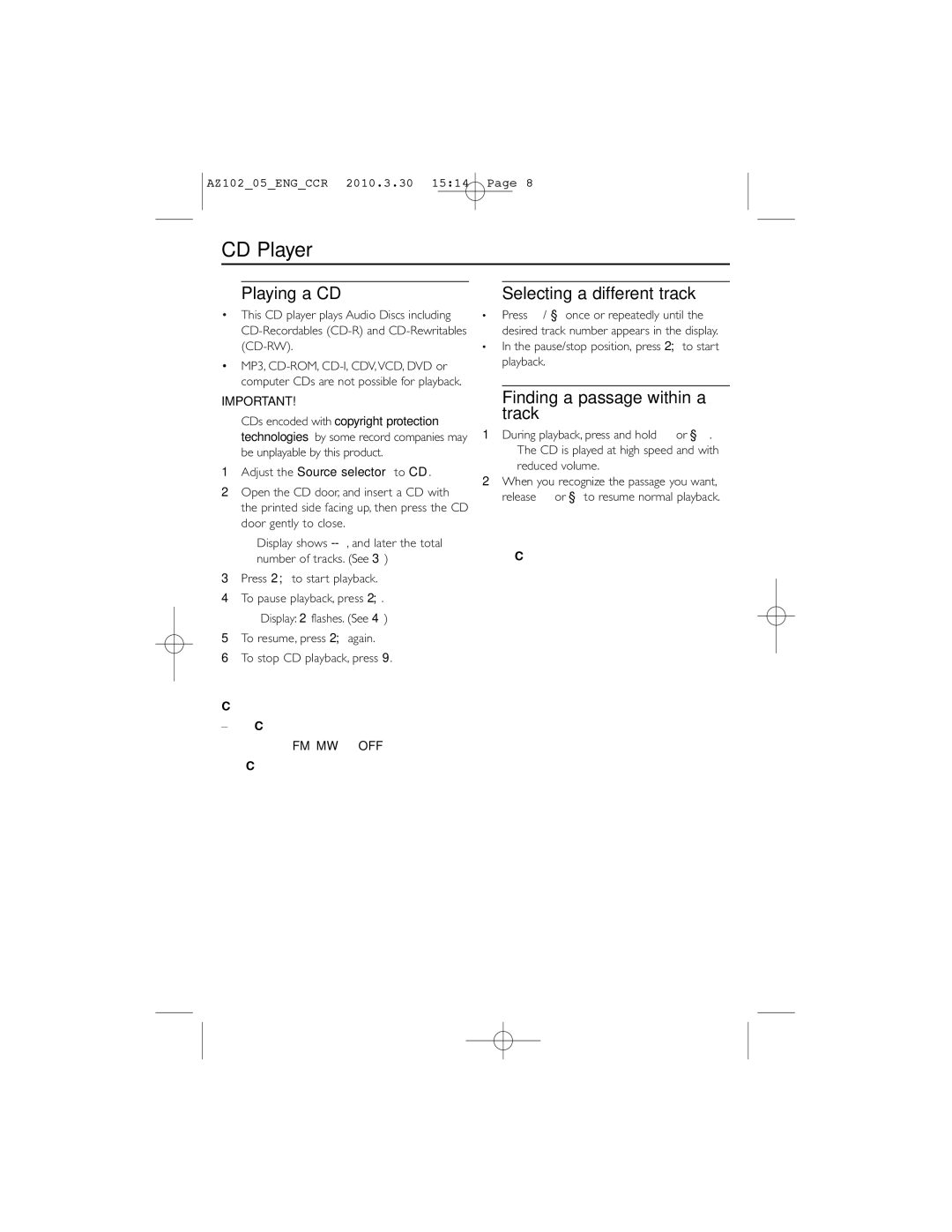 Philips AZ102N, AZ102S, AZ102C CD Player, Playing a CD, Selecting a different track, Finding a passage within a track 