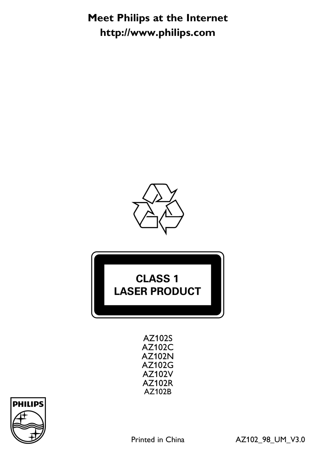 Philips AZ102G, AZ102S, AZ102R, AZ102V, AZ102B user manual Class Laser Product 