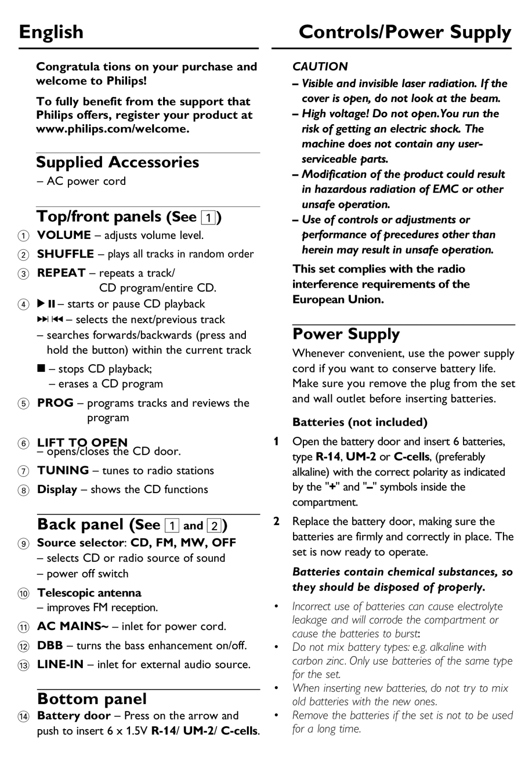 Philips AZ102S, AZ102R, AZ102G, AZ102V, AZ102B user manual English Controls/Power Supply 