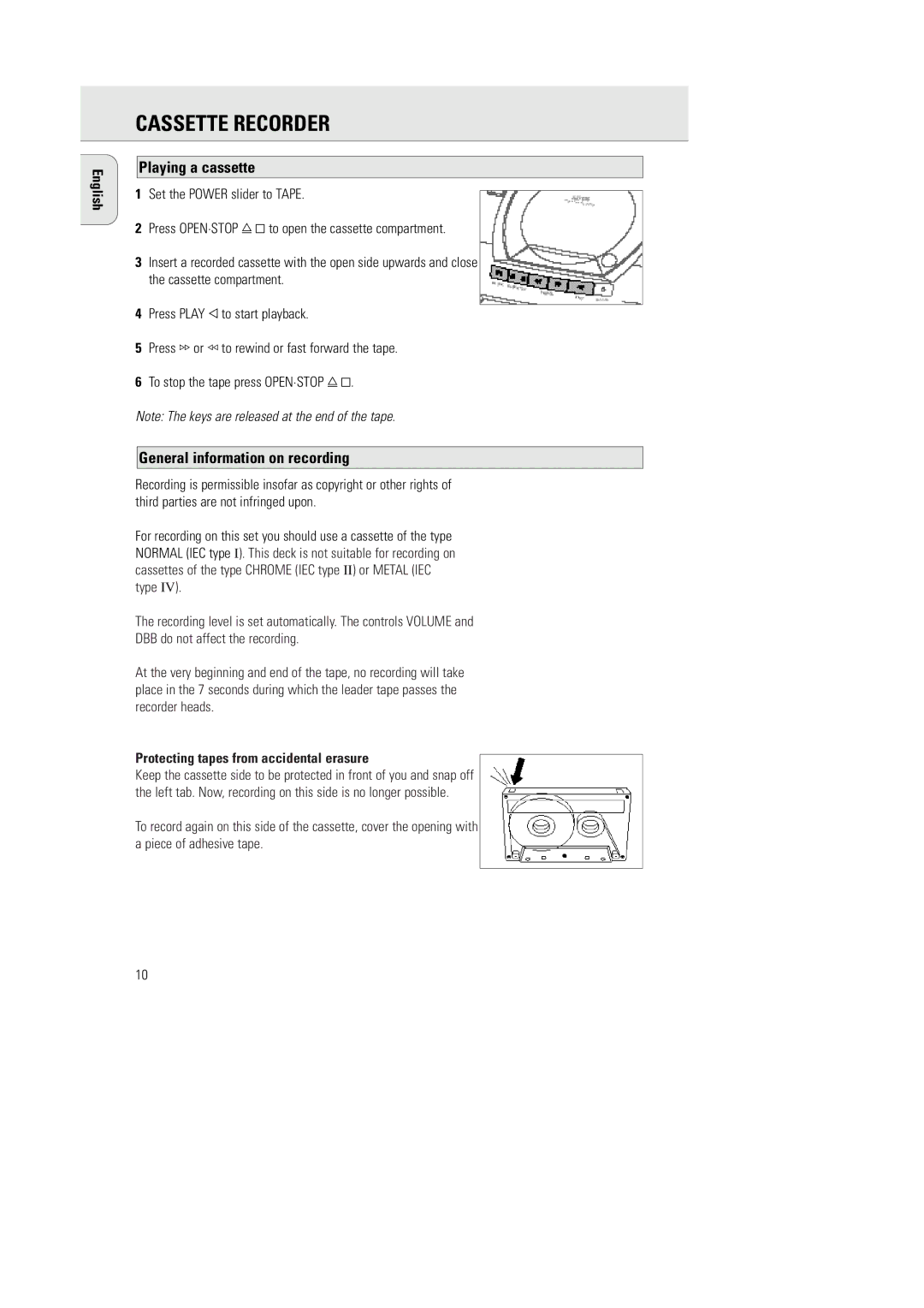 Philips AZ1030/16, AZ1030/01 manual Cassette Recorder, Playing a cassette, General information on recording 