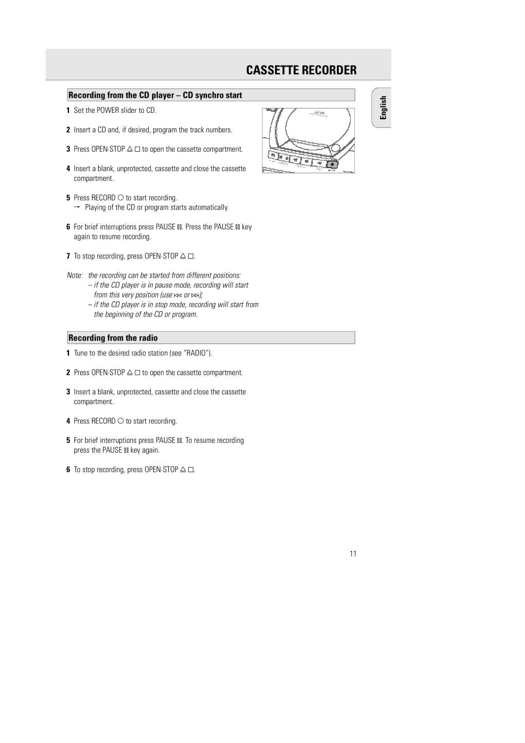 Philips AZ1030/01, AZ1030/16 manual Recording from the CD player CD synchro start, Recording from the radio 